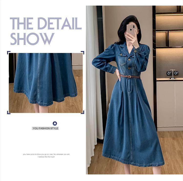 Puff Sleeve Collared Washed Button Midi A-Line Denim Dress Product Image