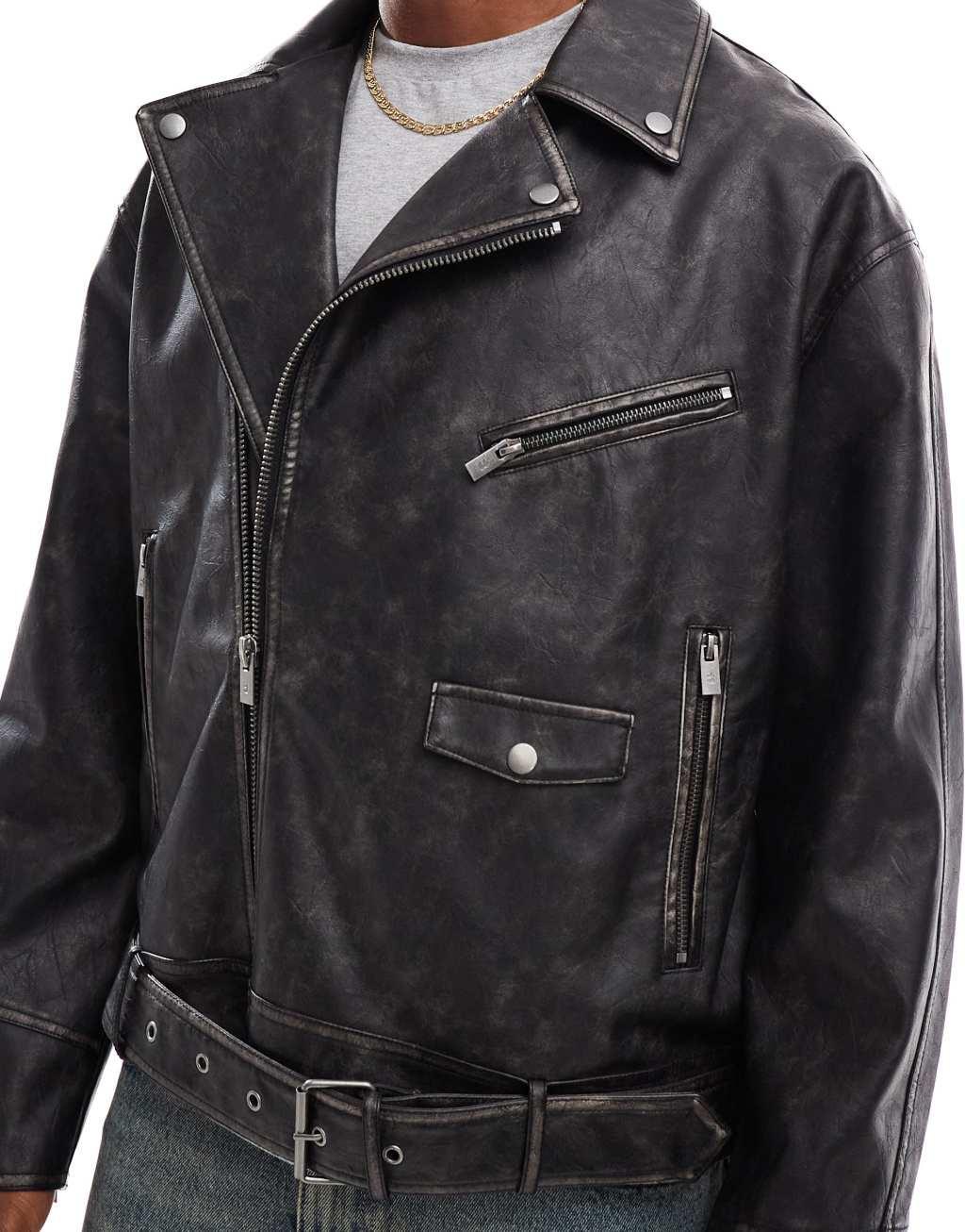 Bershka faux leather washed biker jacket in black Product Image