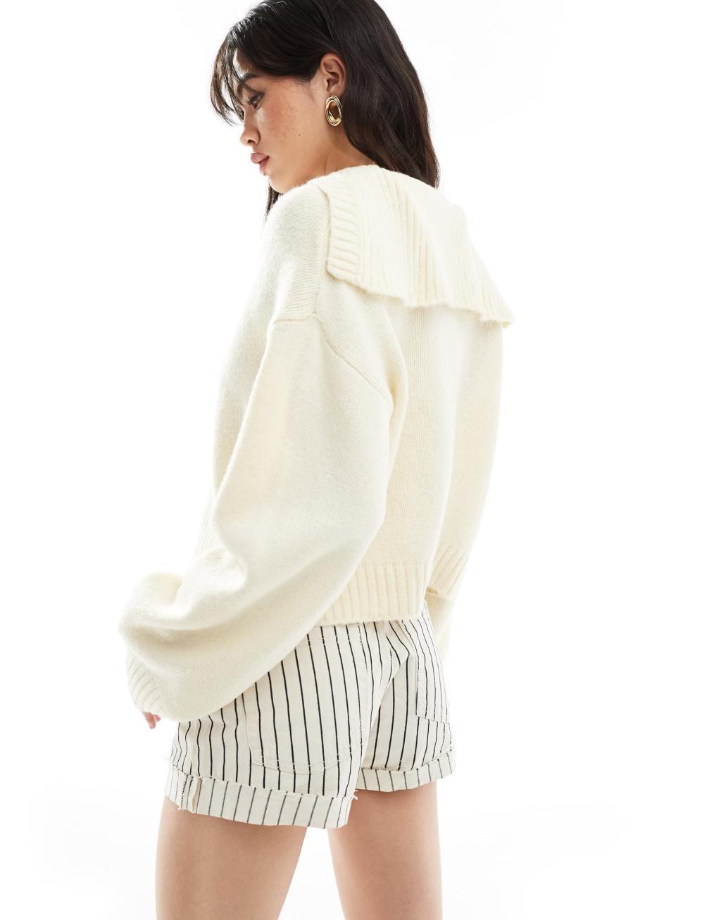 ASOS DESIGN sweater with button collar in cream Product Image