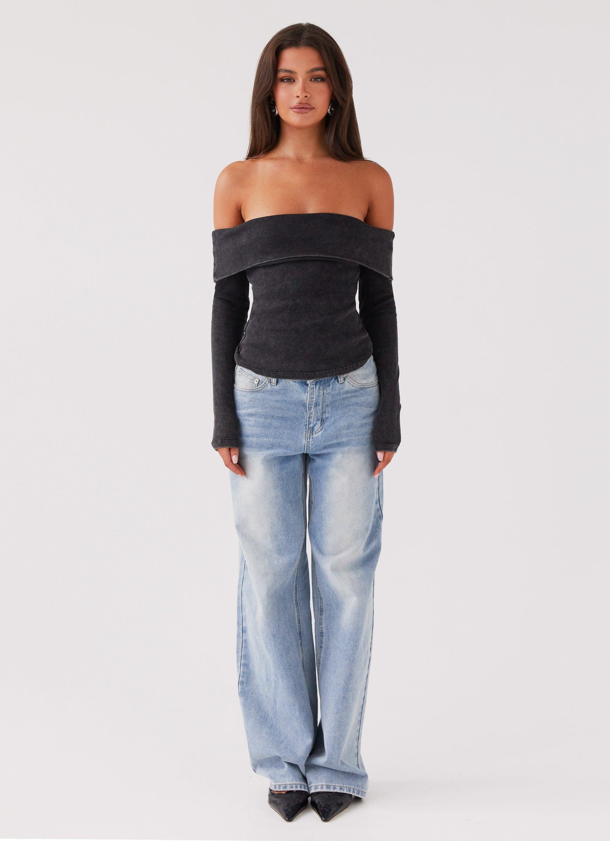 Hayley Long Sleeve Ribbed Top - Charcoal Acid Wash Product Image