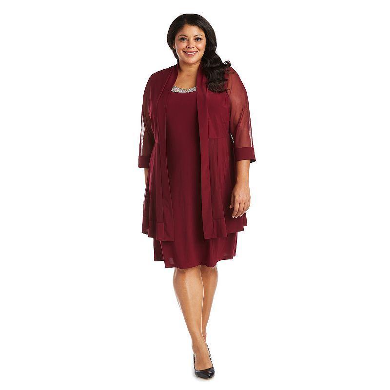 Plus Size R&M Richards Relaxed Bead Neck A-Line Midi Dress & Sheer Sleeve Jacket Set, Womens Product Image