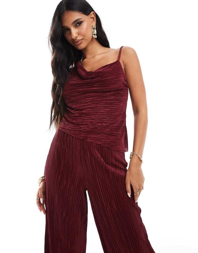 ASOS DESIGN drape plisse asymmetric top in burgundy - part of a set  Product Image