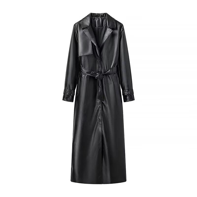 Lapel Collar Plain Faux Leather Midi Single-Breasted Trench Coat Product Image