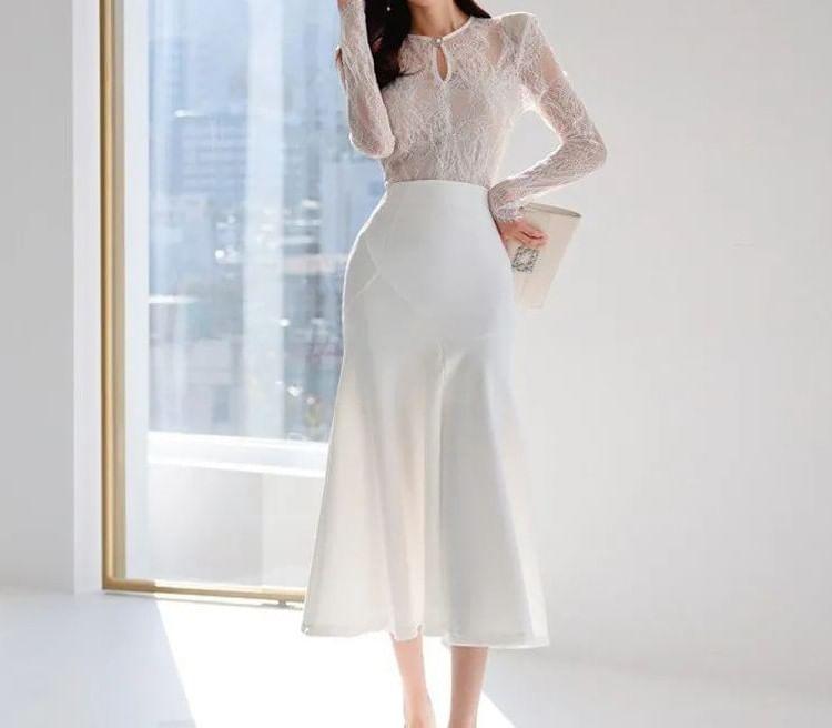 Long-Sleeve Cutout Lace Panel Midi A-Line Dress Product Image