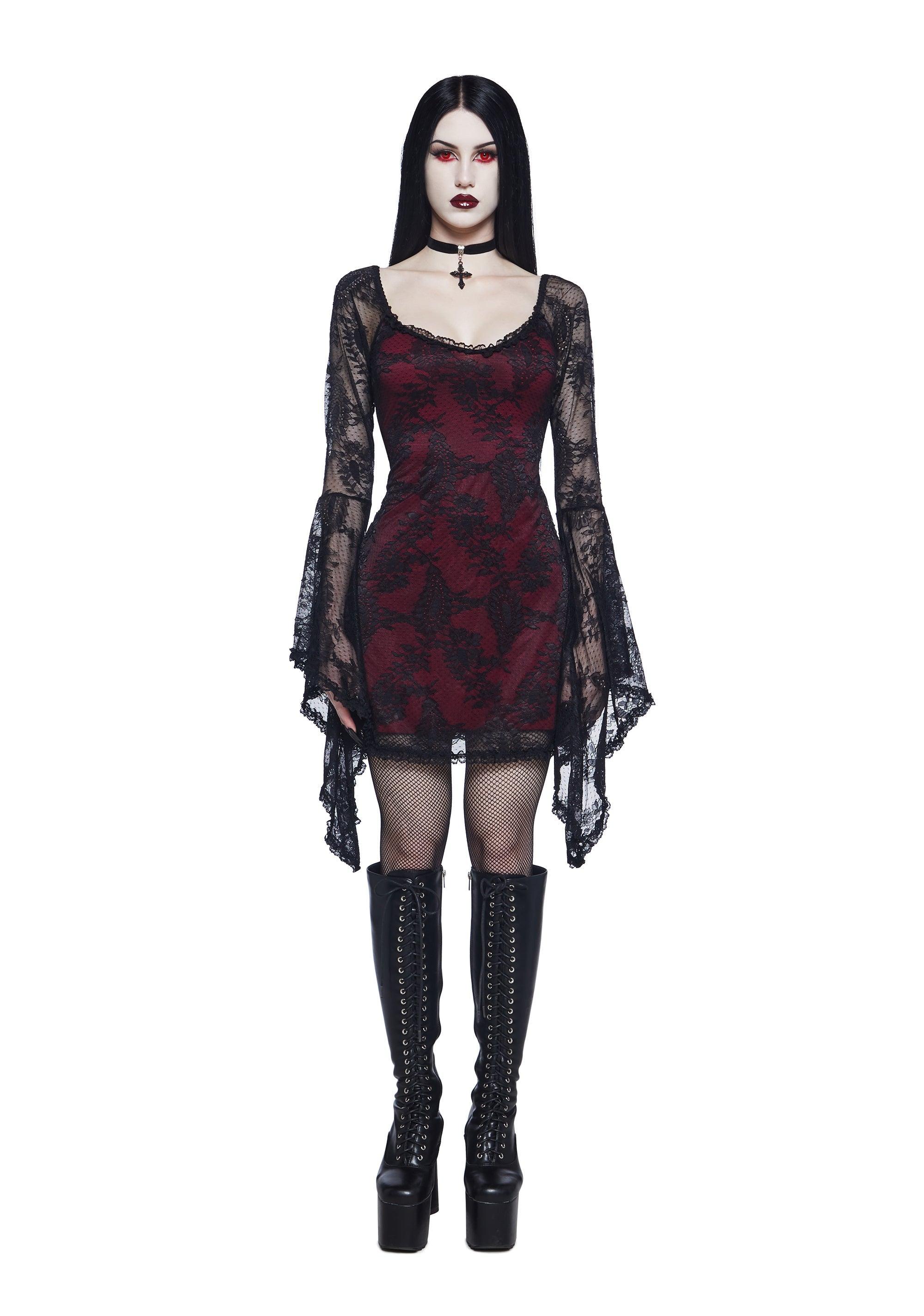 Widow Vampire Goth Stretchy Satin Lace Long Asymmetrical Bell Sleeves Bodycon Dress - Red Product Image