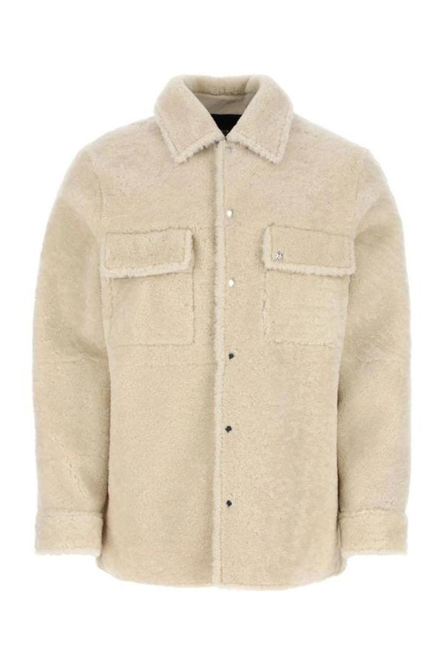 AMIRI Logo-print Shearling Shirt Jacket In Cream Product Image