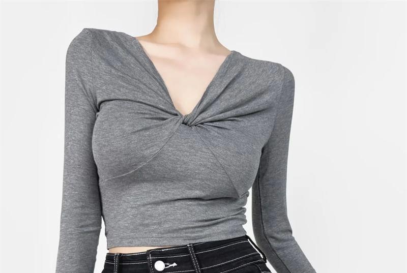 Long-Sleeve V-Neck Plain Twisted Slim Fit Crop Tee Product Image