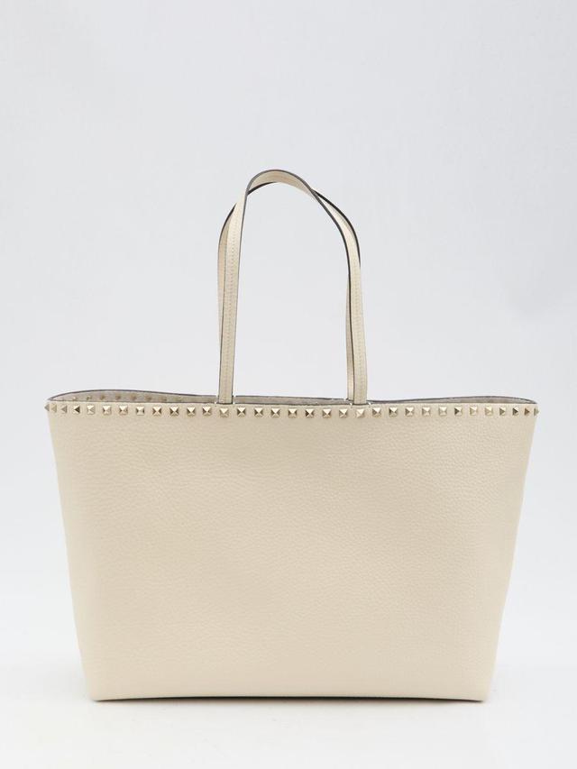 VALENTINO GARAVANI Rockstud Large Grainy Leather Shopper Tote In White Product Image