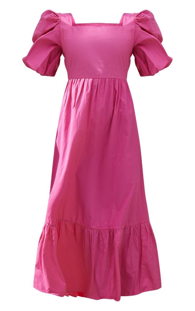 Hot Pink Woven Puff Sleeve Square Neck Midaxi Dress Product Image