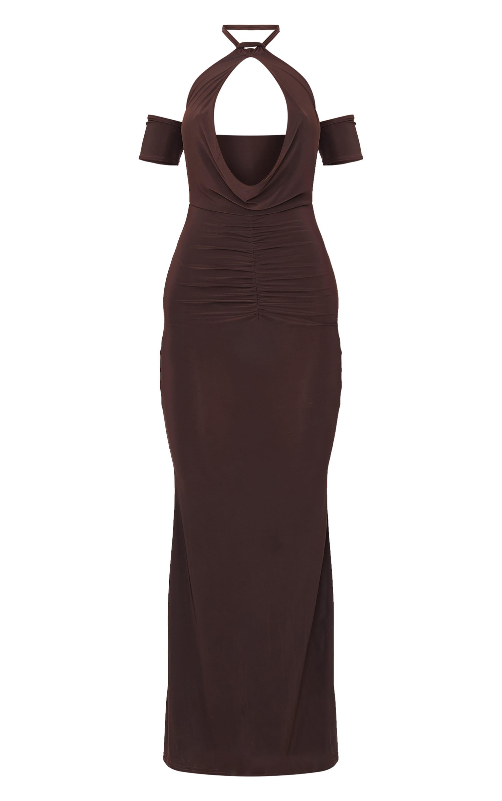 Chocolate Double Layer Slinky Cowl Neck Sleeve Detail Maxi Dress Product Image