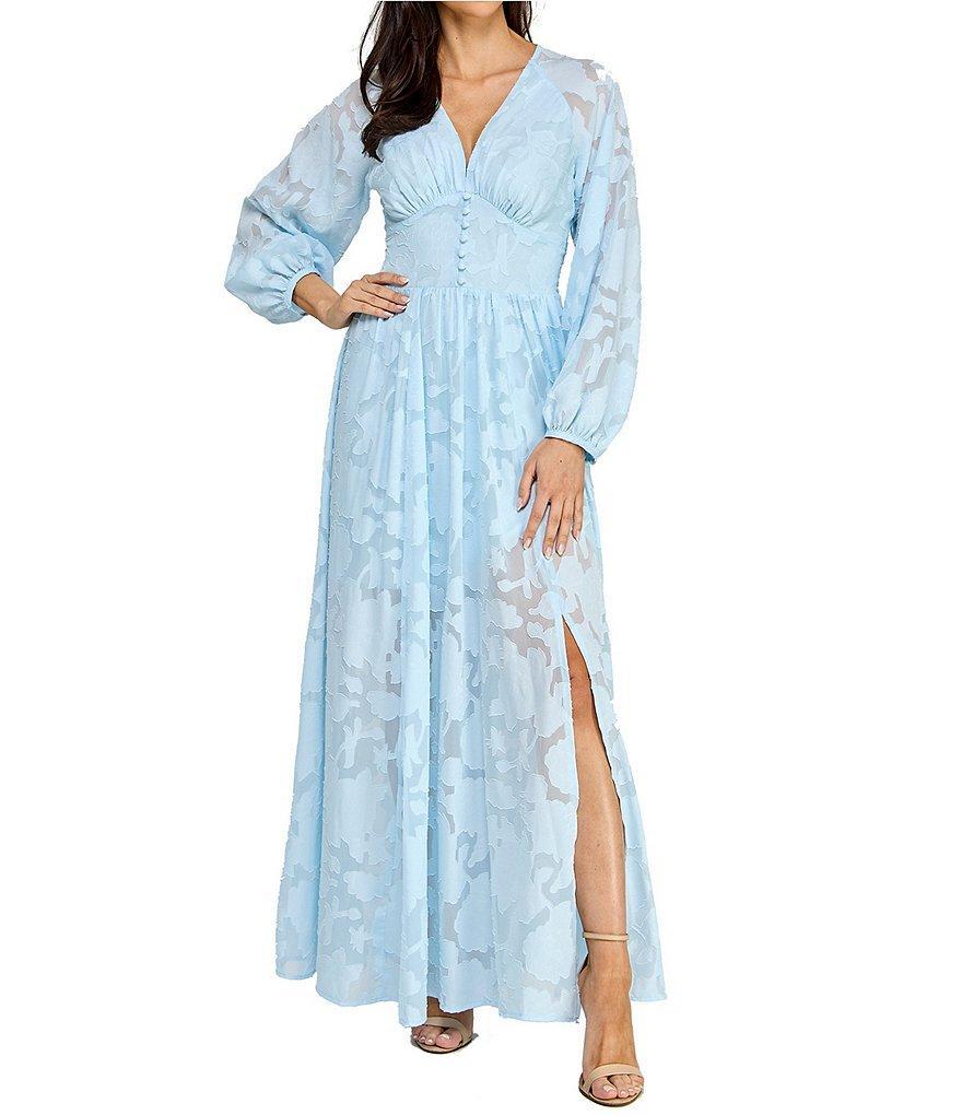 Layered With Love Alona Burnout Jacquard V-Neck Long Sleeve Button Front Side Slit Maxi Dress Product Image