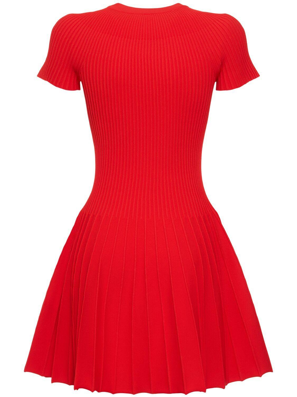 Cap-sleeve Pleated Knit Fit-&-flare Mini Dress In Red Product Image