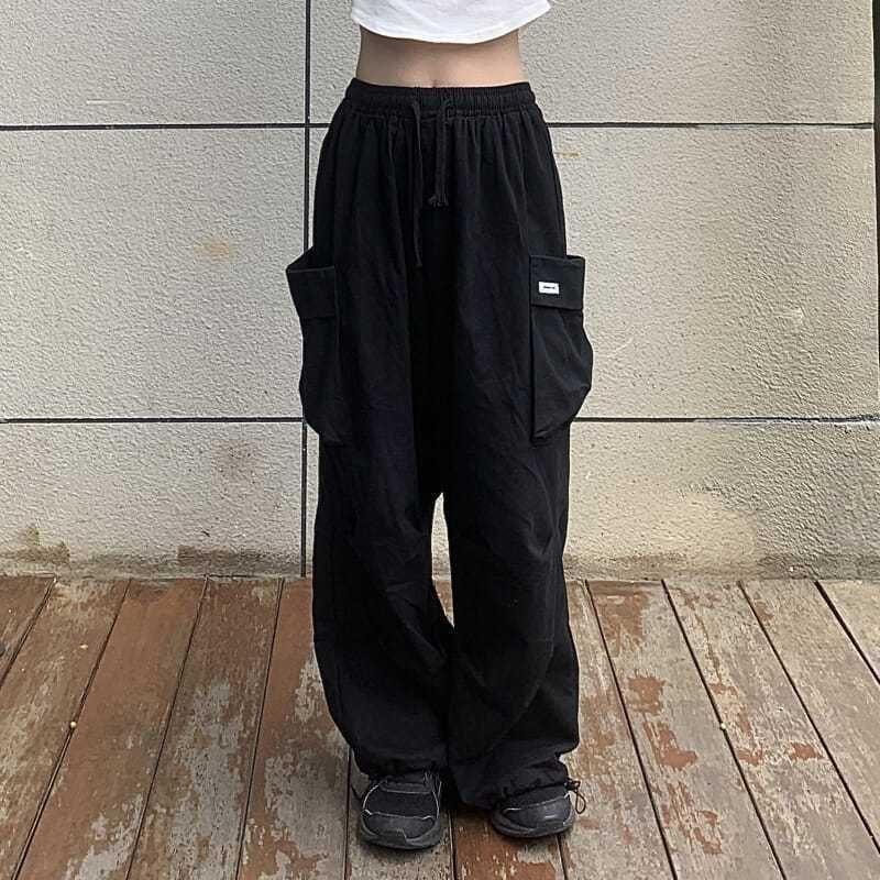 Drawstring Waist Plain Wide Leg Cargo Pants Product Image