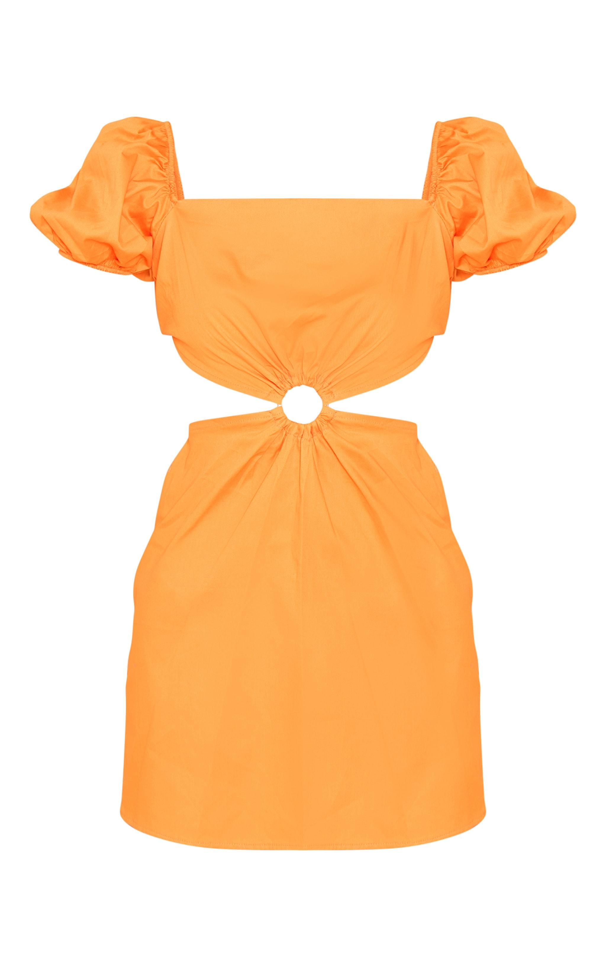 Bright Orange Satin Puff Sleeve Cut Out Shift Dress Product Image