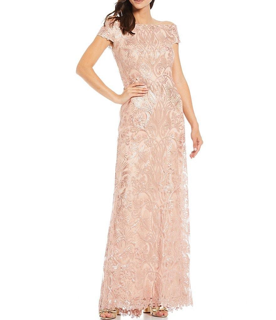 Tadashi Shoji Sequin Floral Lace Off-the-Shoulder Cap Sleeve A-Line Gown Product Image