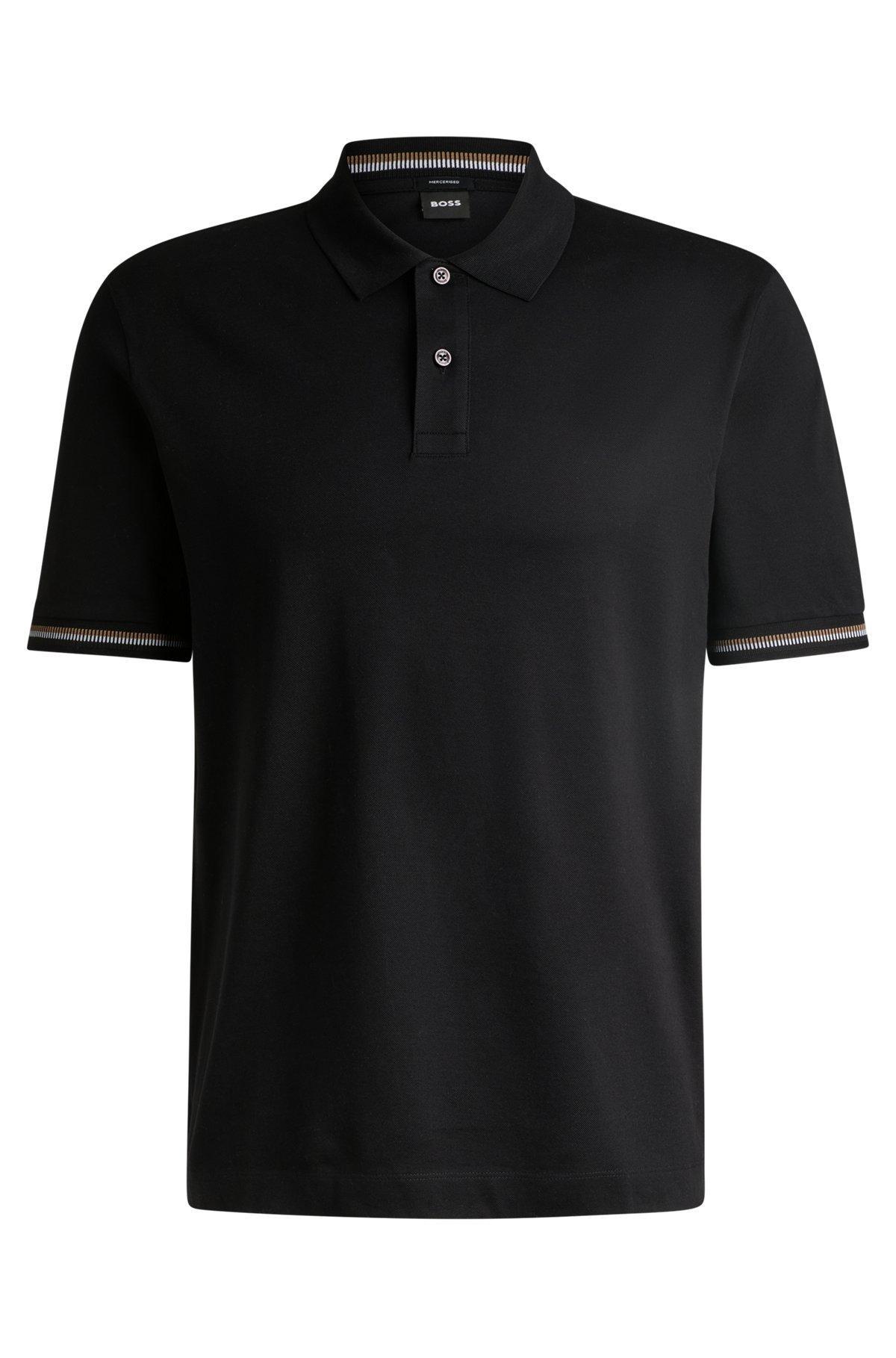 BOSS - Mercerized-cotton regular-fit polo shirt with stripe trims - Black Product Image