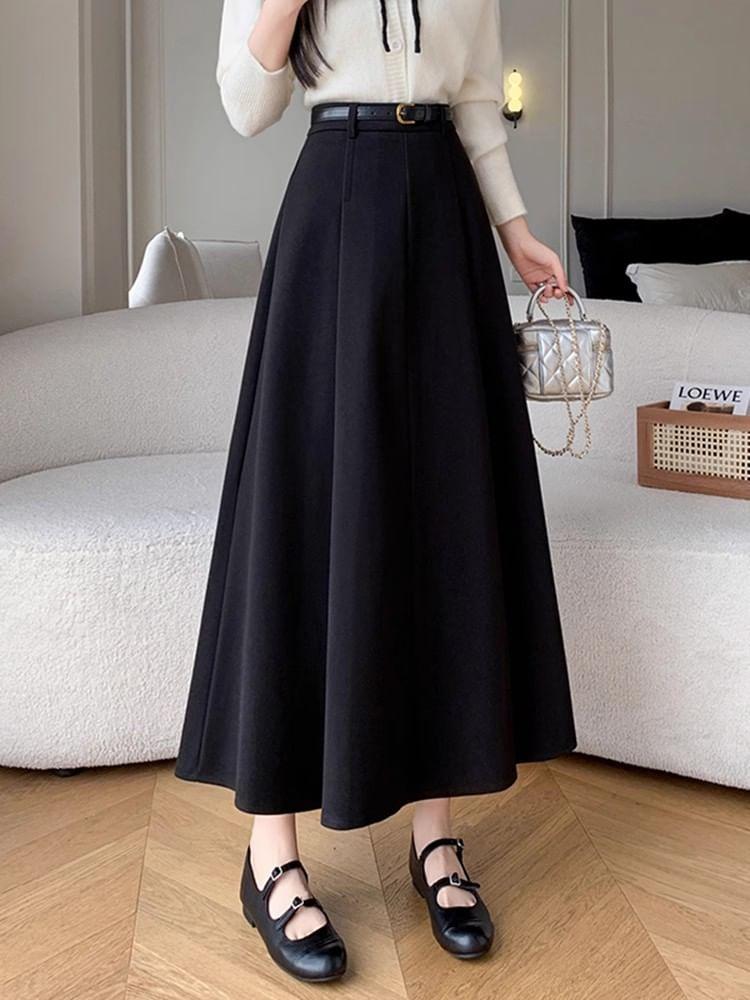 High Waist Plain Midi A-Line Skirt Product Image