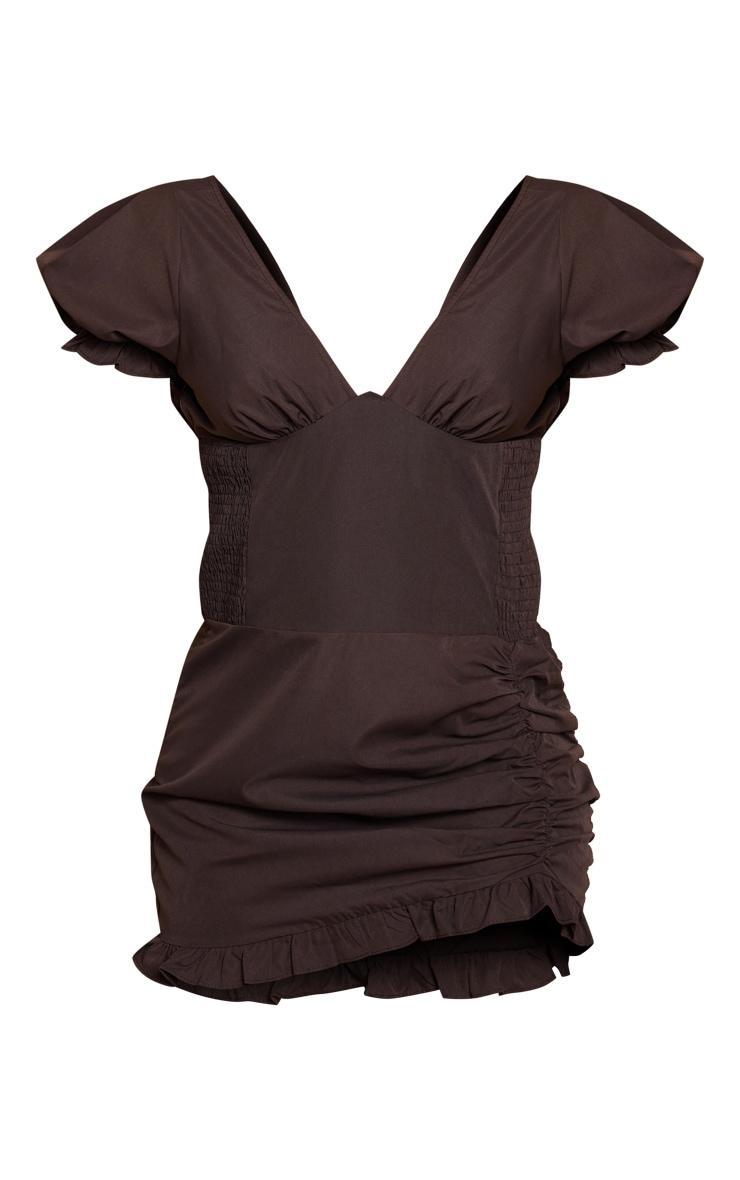 Chocolate Woven Shirred Ruched Frill Bodycon Dress Product Image