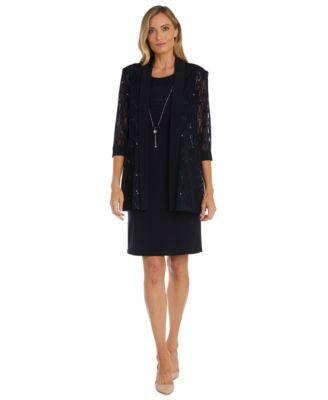 Petite Sequin Mesh Jacket and Sequin-Trim Sleeveless Dress Product Image