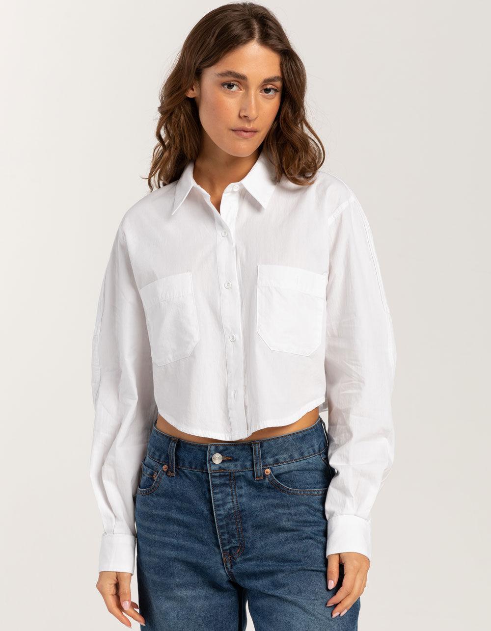 RSQ Womens Solid Crop Long Sleeve Button Up Shirt Product Image