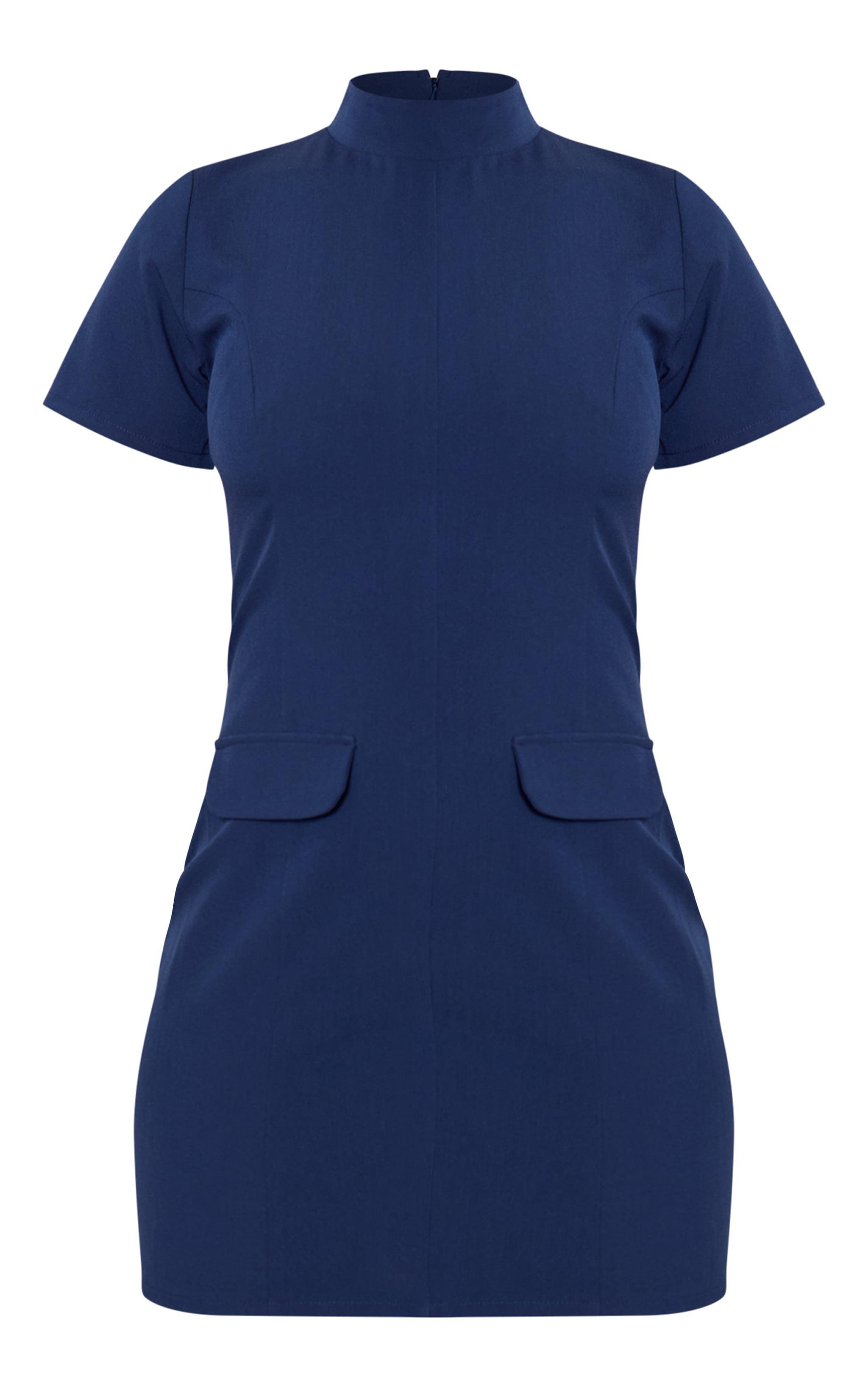 Navy Woven High Neck Pocket Bodycon Dress Product Image