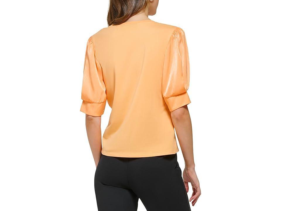 DKNY Short Sleeve Crew Neck Satin Twist Sleeve Top (Canteloupe) Women's Clothing Product Image