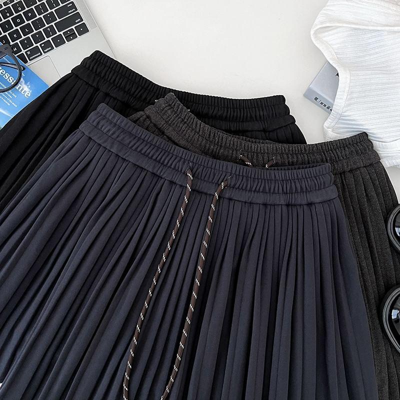 Drawstring Waist Plain Pleated Mini A-Line Skirt Product Image