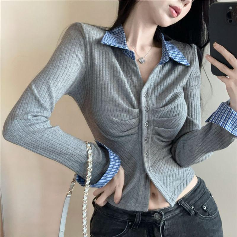 Long Sleeve Collared Plaid Panel Ruched Button Top Product Image