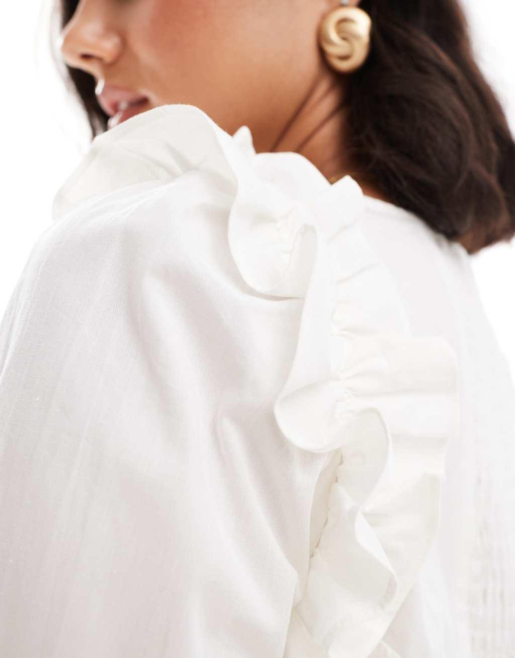 ASOS DESIGN poplin frill shoulder trapeze blouse in white Product Image