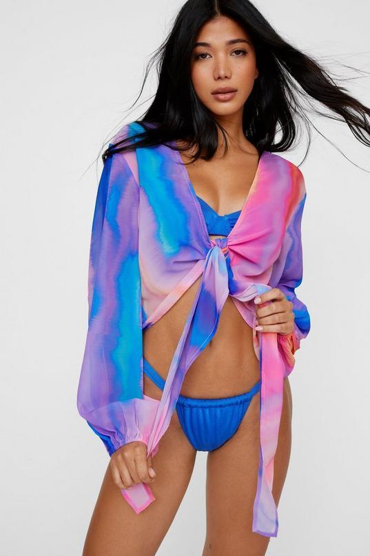 Tie Dye Sheer Tie Front Balloon Sleeve Beach Top Product Image