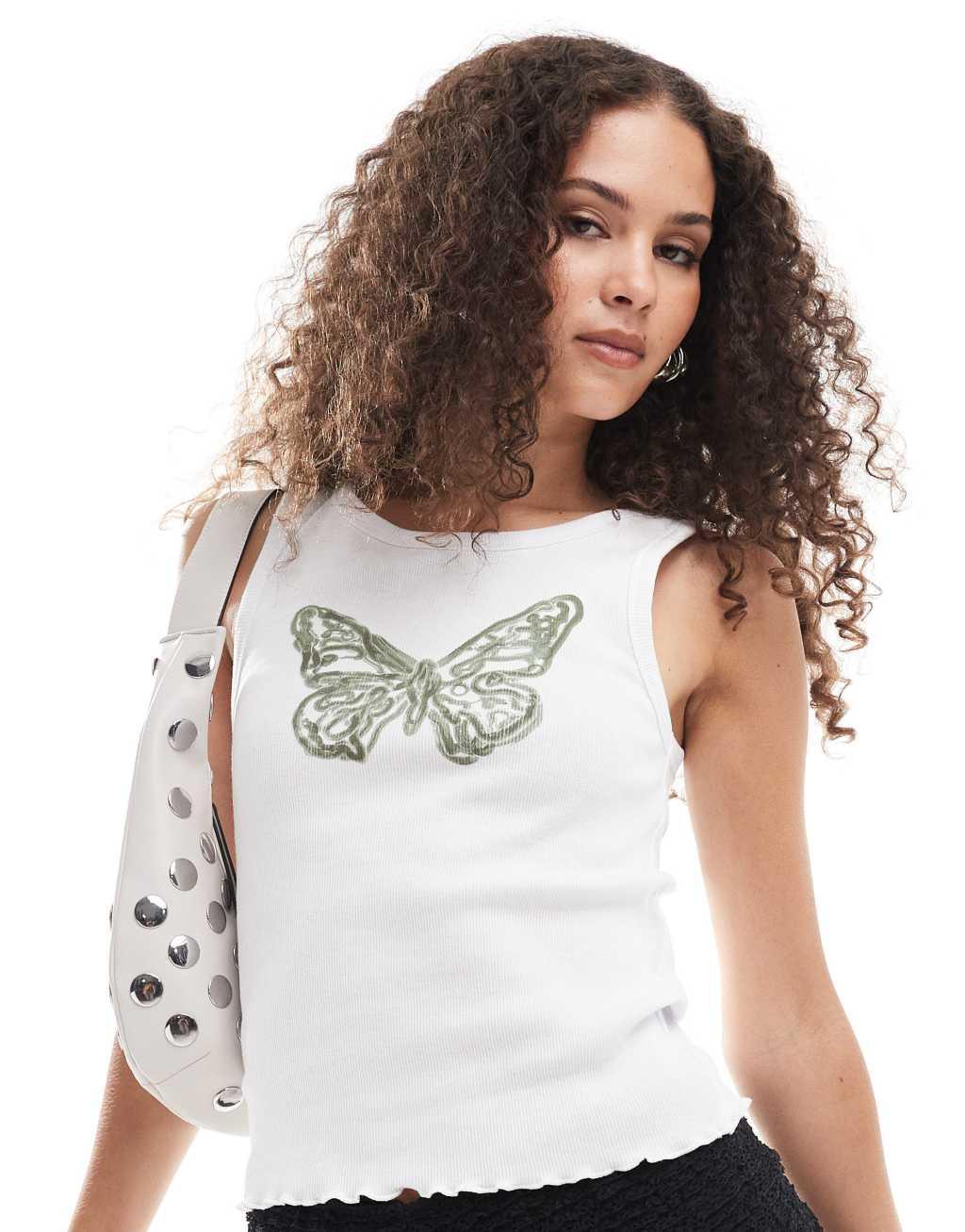 Noisy May lettuce hem tank top with butterfly print in white Product Image