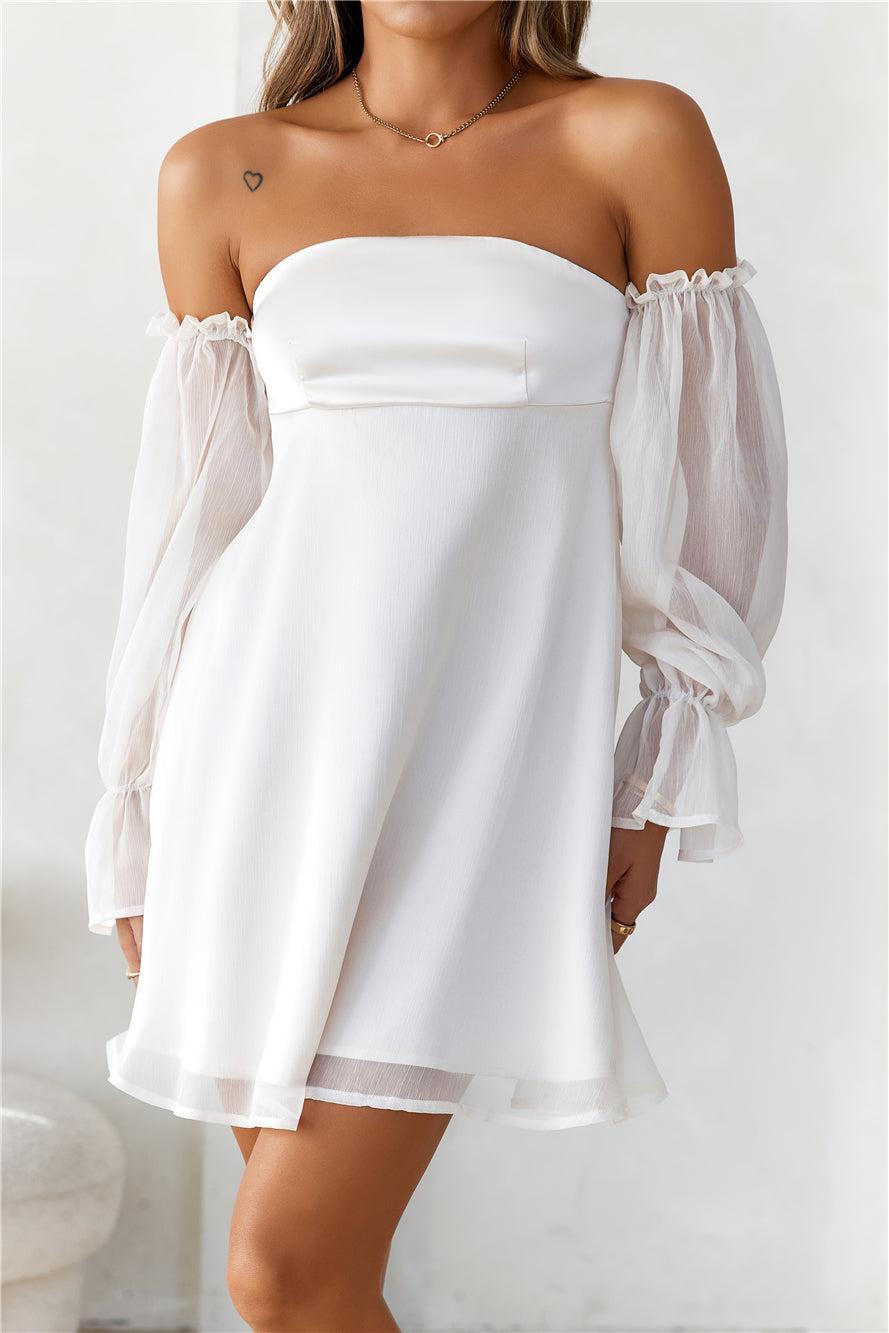 HELLO MOLLY Delicate Soul Off Shoulder Mini Dress Beige Product Image