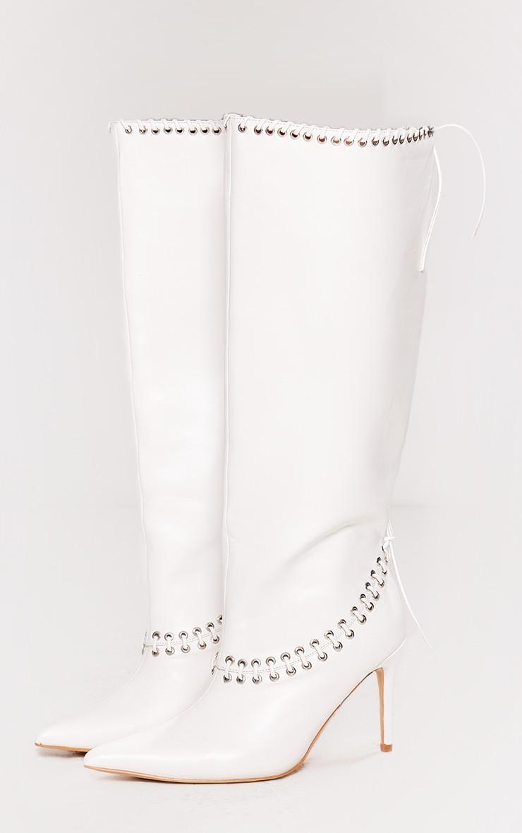 White Wide Fit Pu Point Toe Laced Eyelet Knee High Heeled Boots Product Image