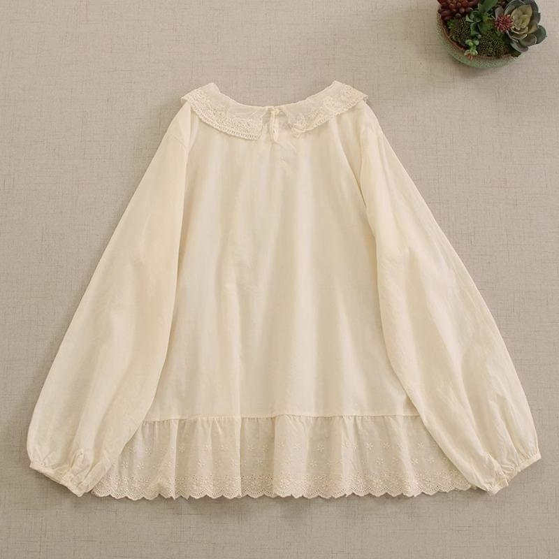 Long-Sleeve Flower Embroidered Lace Trim Blouse Product Image