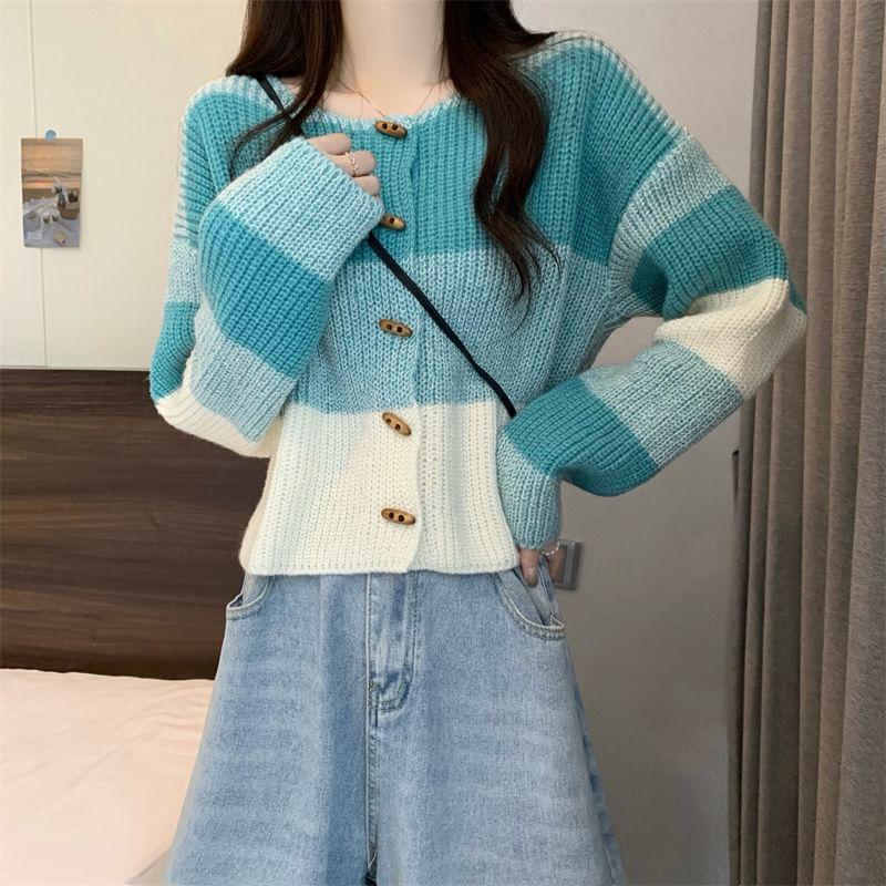 Round Neck Color Block Toggle Cardigan Product Image