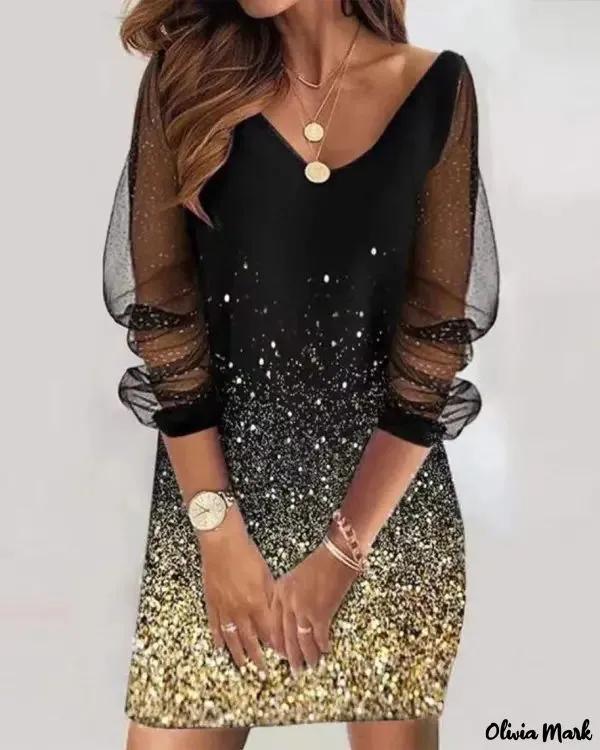 Olivia Mark – Glitter Print Sheer Mesh Long Sleeve Casual Dress Product Image