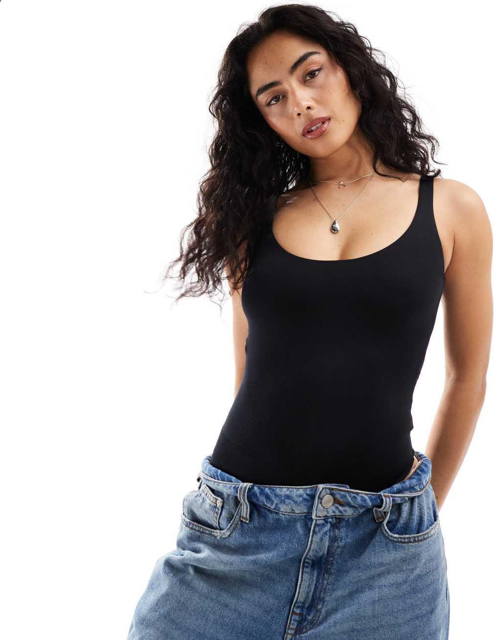 Bershka scoop neck polyamide bodysuit in black Product Image