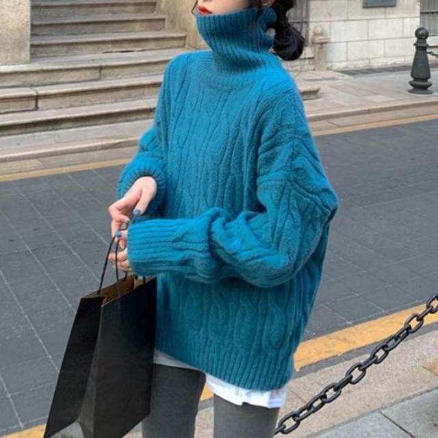 Turtleneck Plain Cable-Knit Sweater Product Image