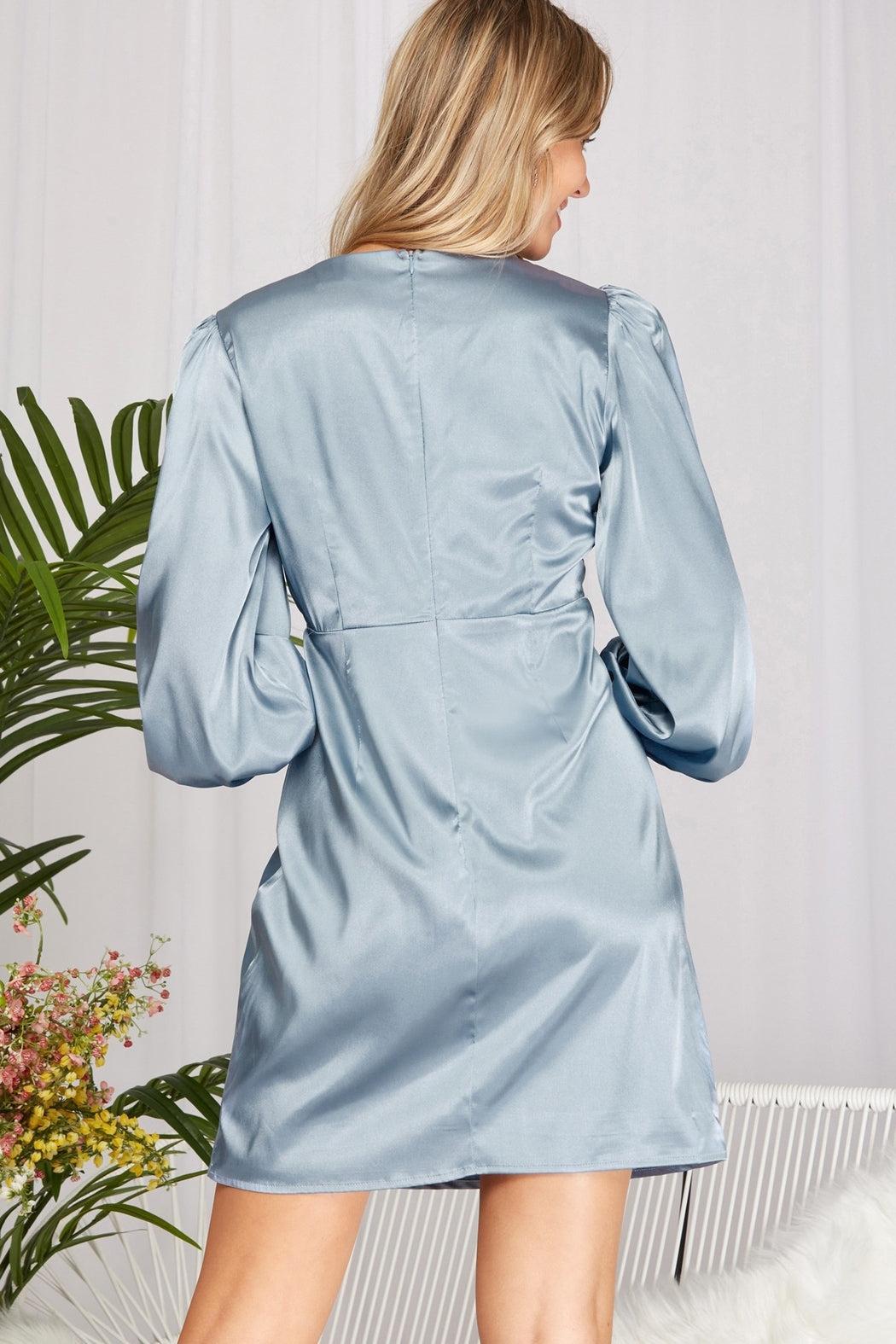 Cuff-sleeve Twisted-front Satin-Dress Female Product Image