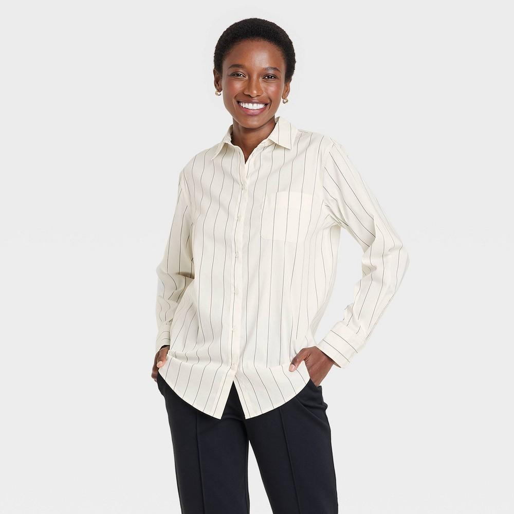 Womens Slim Fit Boyfriend Tailored Long Sleeve Button-Down Shirt - A New Day Cream/Black Pinstripe product image