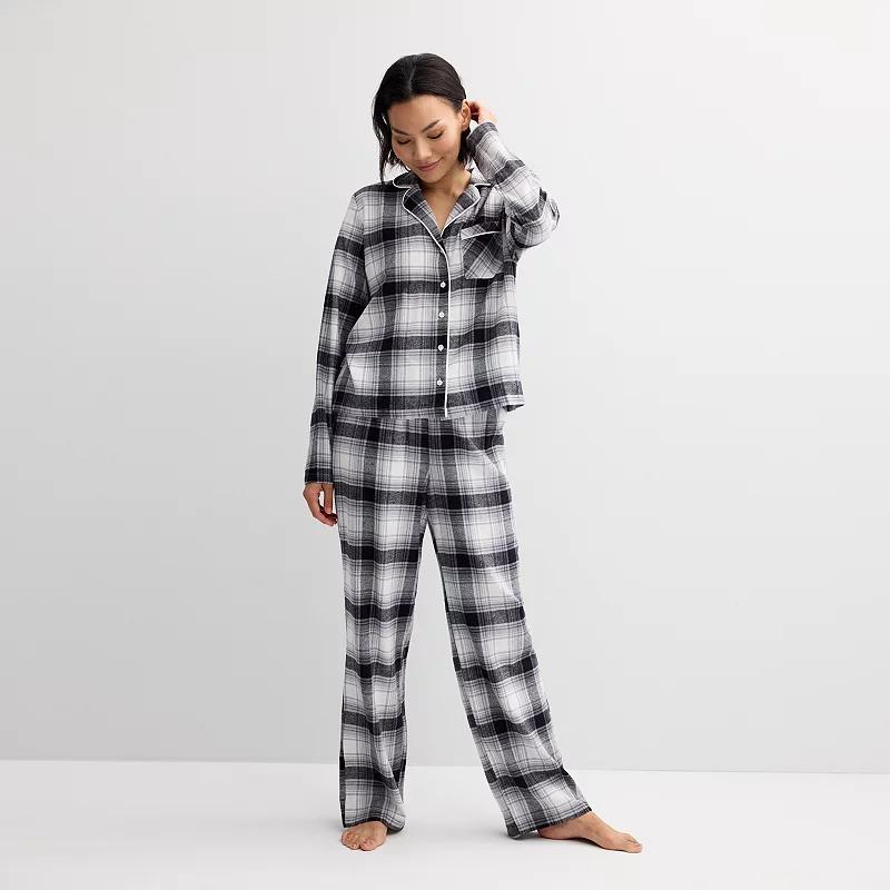 Womens Sonoma Goods For Life Flannel Notch Pajama Top & Pajama Pants Set Ivory Everyday Plaid Product Image