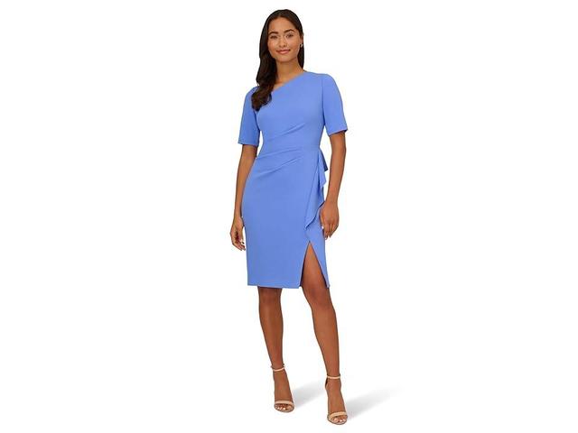 Adrianna Papell Stretch Crepe Side Draped Sheath Dress with Asymmetrical Neckline (Precious Periwinkle) Women's Dress Product Image