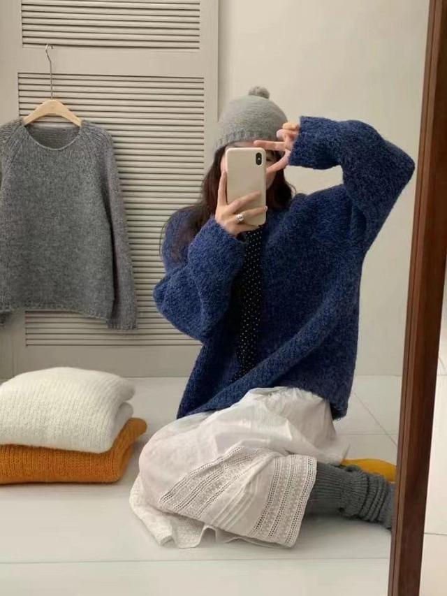 Round Neck Plain Oversized Sweater Product Image