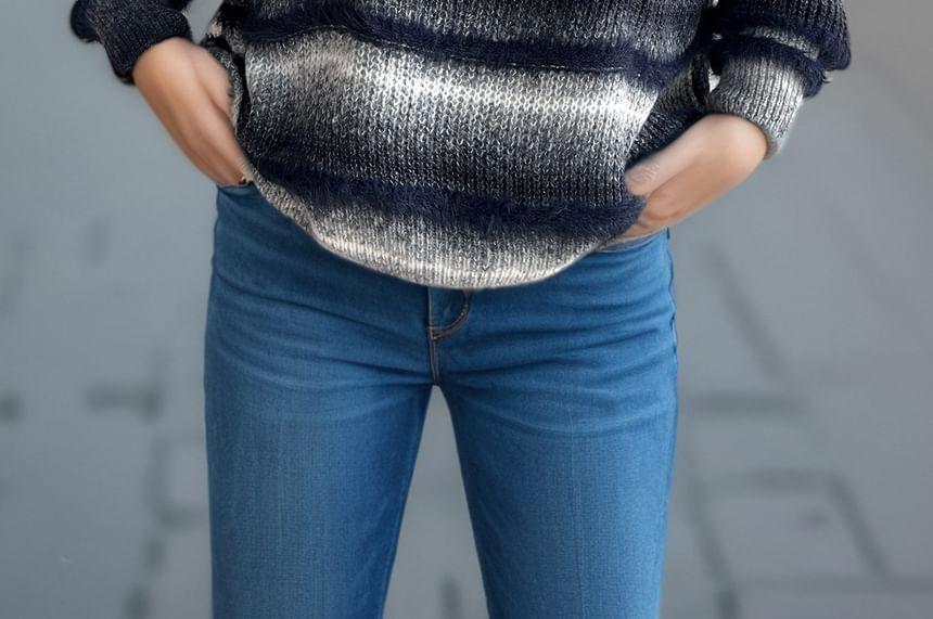 Crew Neck Striped Fluffy Trim Sweater Product Image