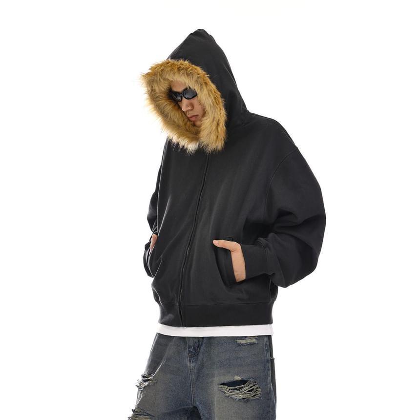 Plain Fluffy Trim Zip Hoodie Product Image