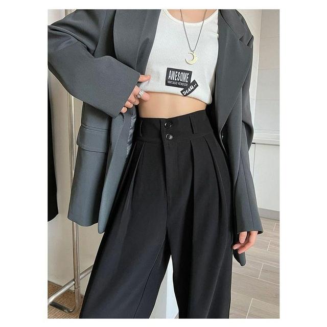 High Rise Plain Pleated Wide Leg Suit Pants Product Image