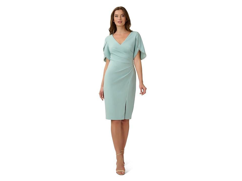 Adrianna Papell Stretch Crepe Side Ruched Dress with Pearl Trim Sleeve Detail (Cloudy Aqua) Women's Dress Product Image