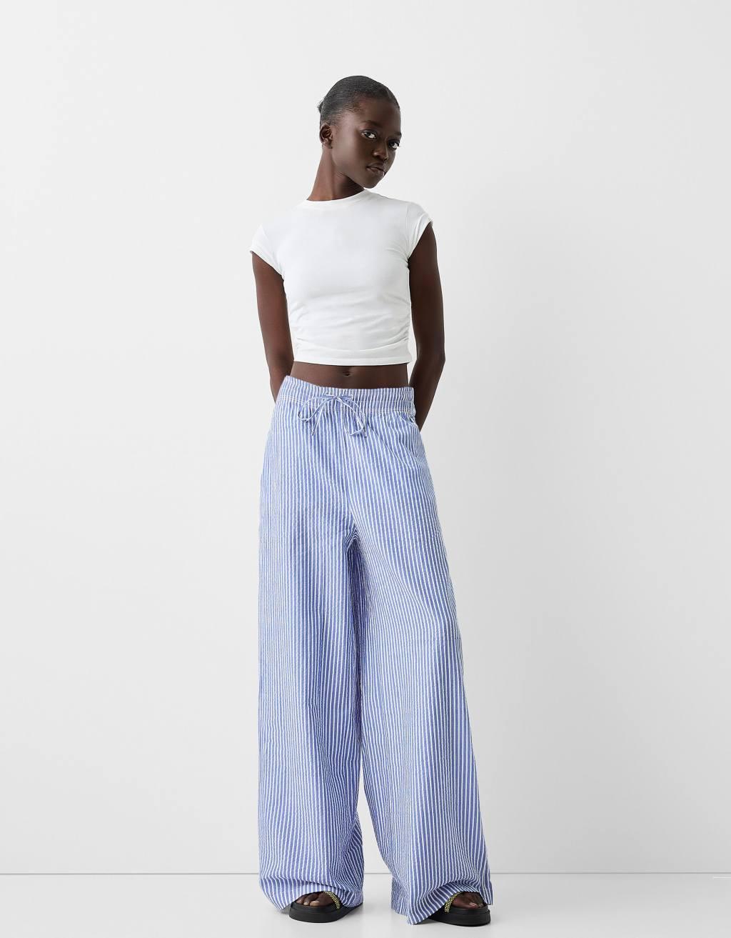 Bershka deep waistband wide leg pants in blue stripe Product Image