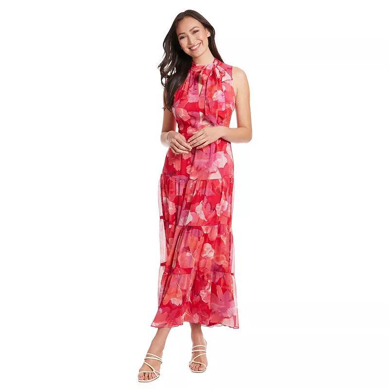 Womens London Times Floral Tie Neck Tiered Maxi Dress Pink Orange Product Image