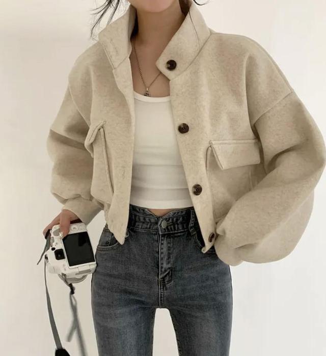 Stand Collar Crop Button Jacket Product Image